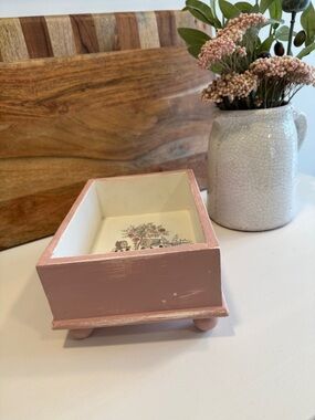 Decorative Painted Wooden Trinket Box or Catch All in Pale Pink and Cream